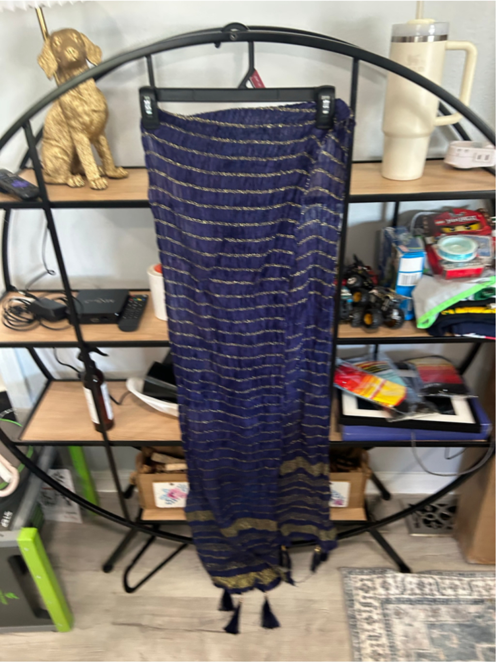 Women's Unbranded Scarf One Size Blue Gold Striped Tassel Wrap India scarf